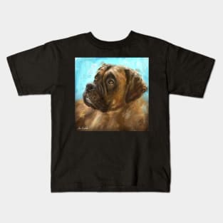 Thick Oil Painting of a Brown Coated Boxer Dog Looking to the Side on Blue Background Kids T-Shirt